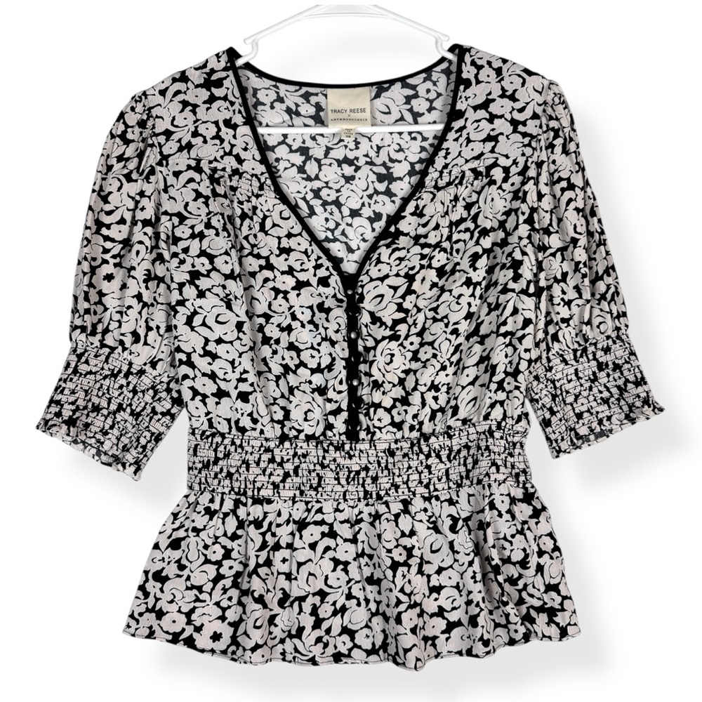 Tracy Reese Top Womens XS Black White Abstract Floral Peplum Top Short‎ Sleeve